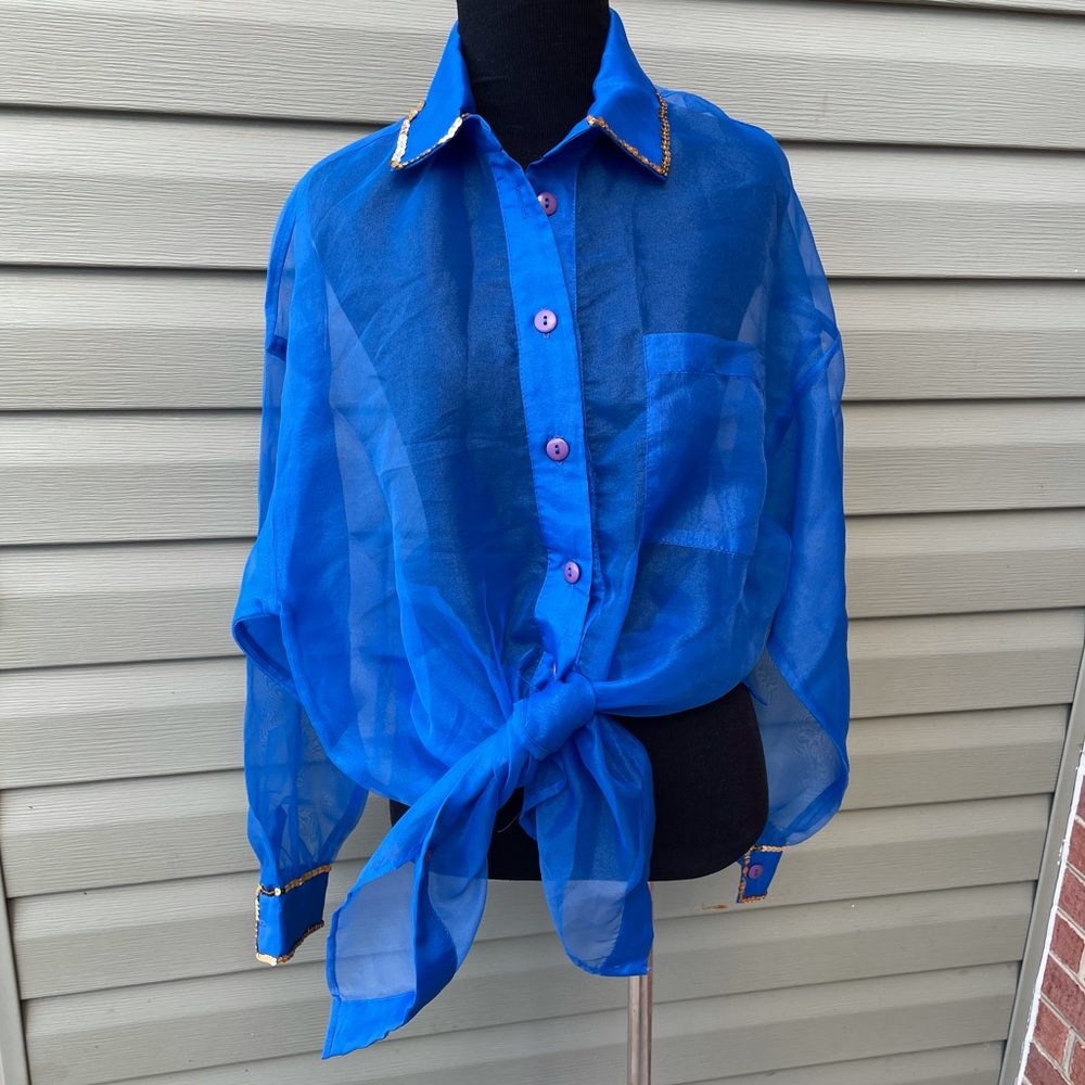 CHELSEA COLLECTION ROYAL BLUE GOLD SEQUIN TRIM BUTTON DOWN BLOUSE SIZE LARGE